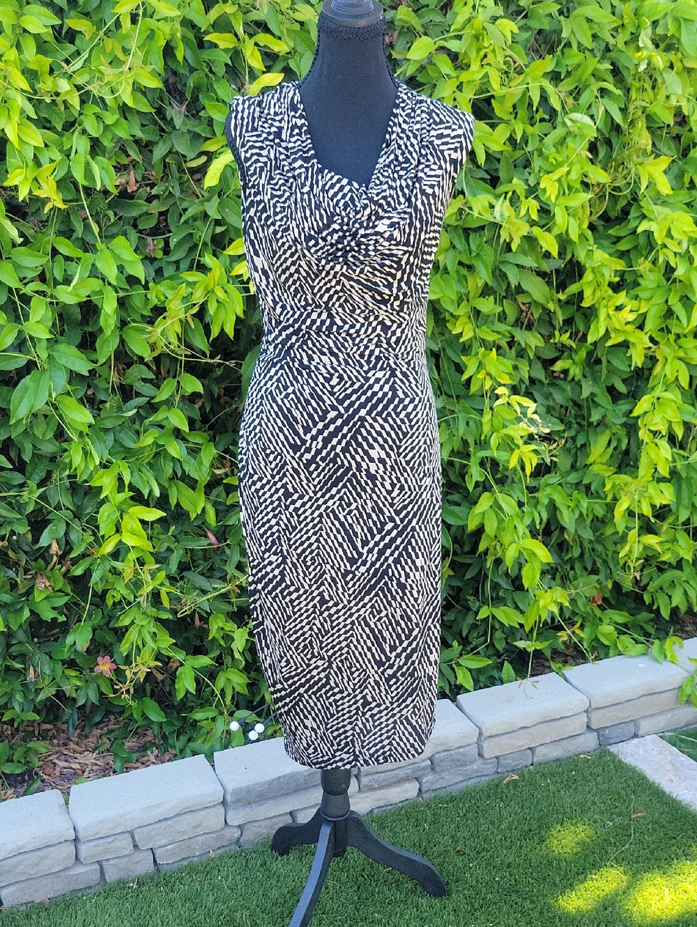 Black and Cream Patterned Form Fitting Bodycon Cowl Neck Midi Dress